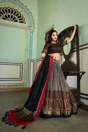 Grey Tussar Silk Lehenga Choli with Kashmiri Print With Foil Print