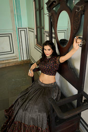 Grey Tussar Silk Lehenga Choli with Kashmiri Print With Foil Print