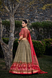 Mehndi Tussar Silk Lehenga Choli with Floral Print With Foil Print