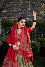 Mehndi Tussar Silk Lehenga Choli with Floral Print With Foil Print