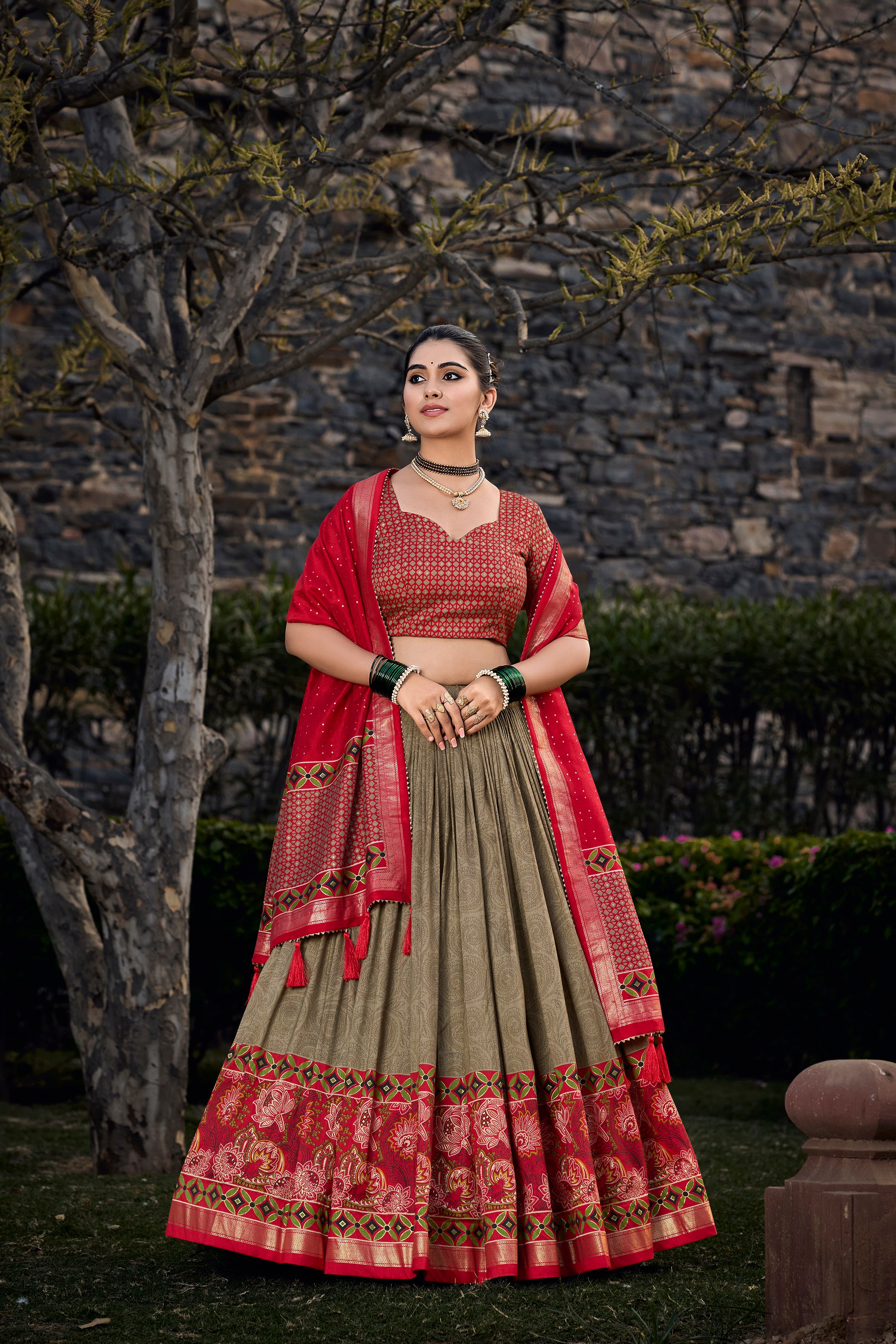 Mehndi Tussar Silk Lehenga Choli with Floral Print With Foil Print
