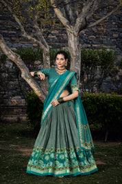 Seagreen Tussar Silk Lehenga Choli with Floral Print With Foil Print