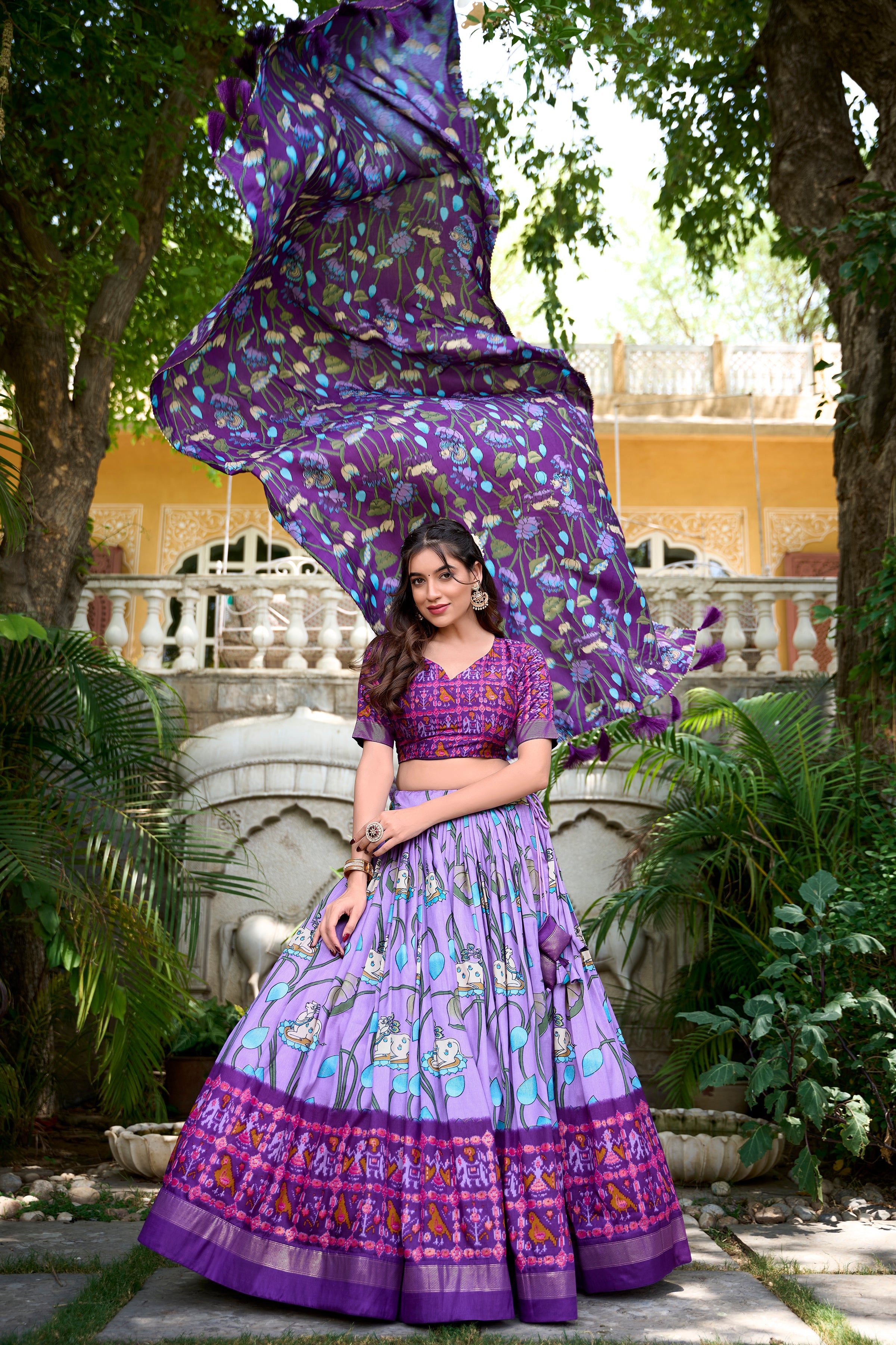 Lavender Tussar Silk Lehenga Choli with Pichwai With Patola Print And Zari Weaving Border