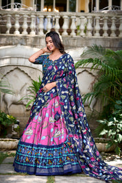 Pink Tussar Silk Lehenga Choli with Pichwai With Patola Print And Zari Weaving Border