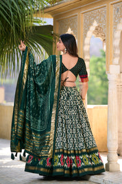 Green Tussar Silk Lehenga Choli with Ikkat Print With Foil Work