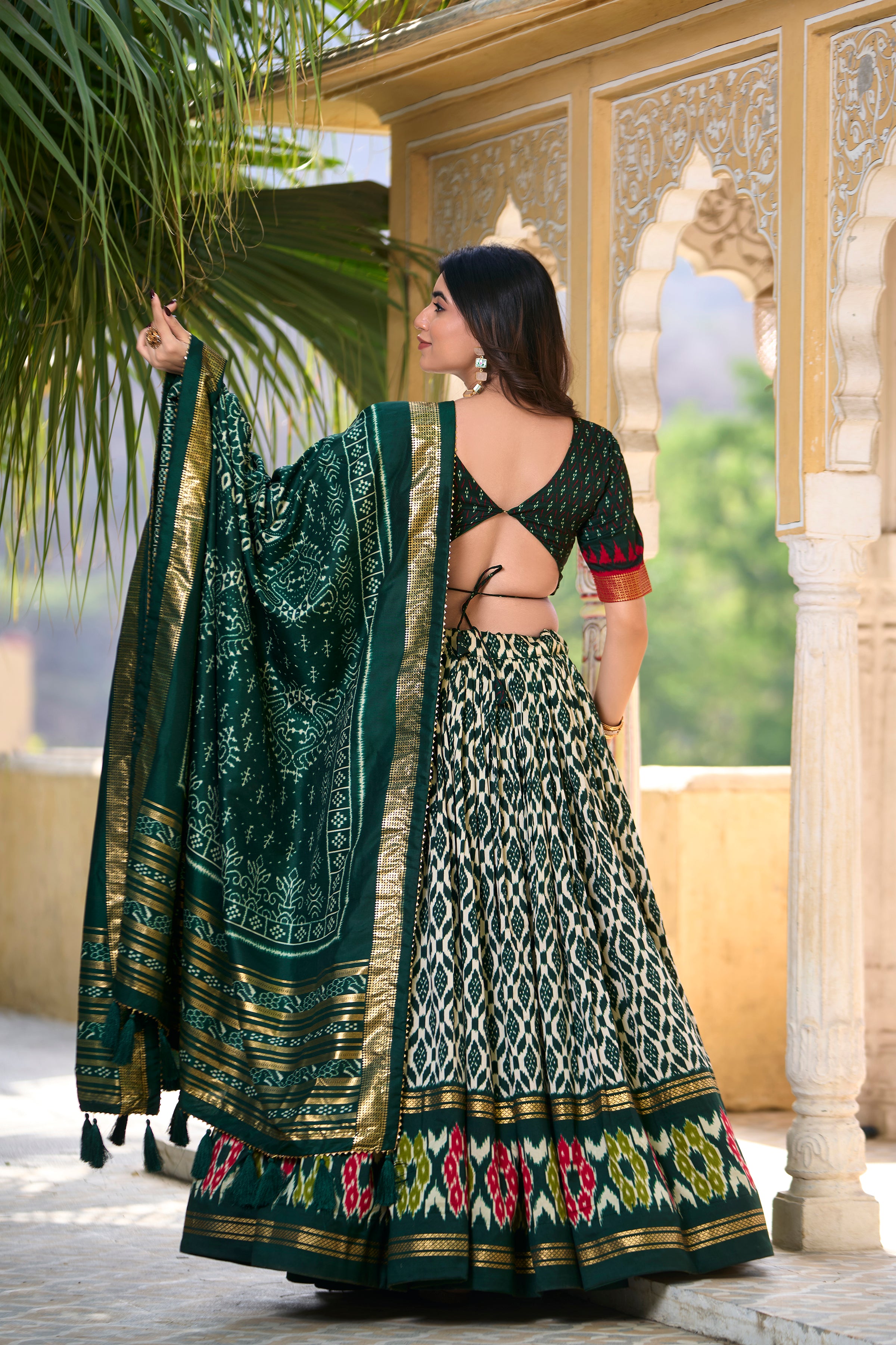 Green Tussar Silk Lehenga Choli with Ikkat Print With Foil Work