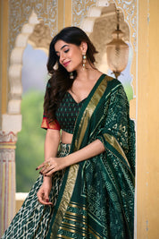 Green Tussar Silk Lehenga Choli with Ikkat Print With Foil Work