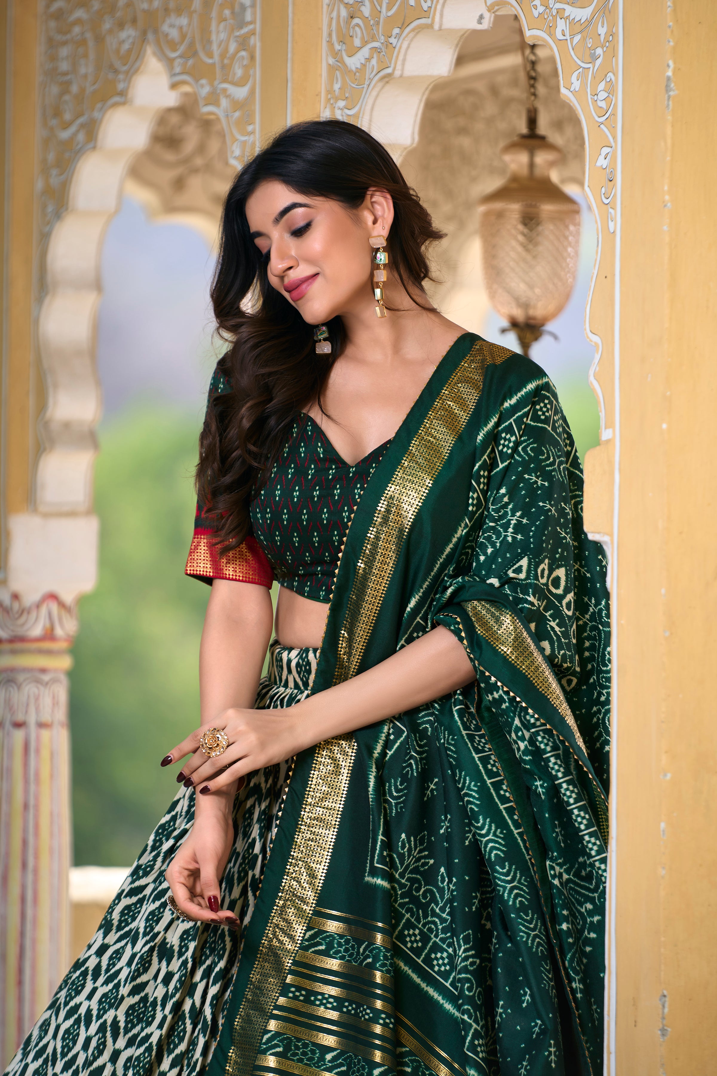 Green Tussar Silk Lehenga Choli with Ikkat Print With Foil Work