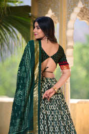 Green Tussar Silk Lehenga Choli with Ikkat Print With Foil Work
