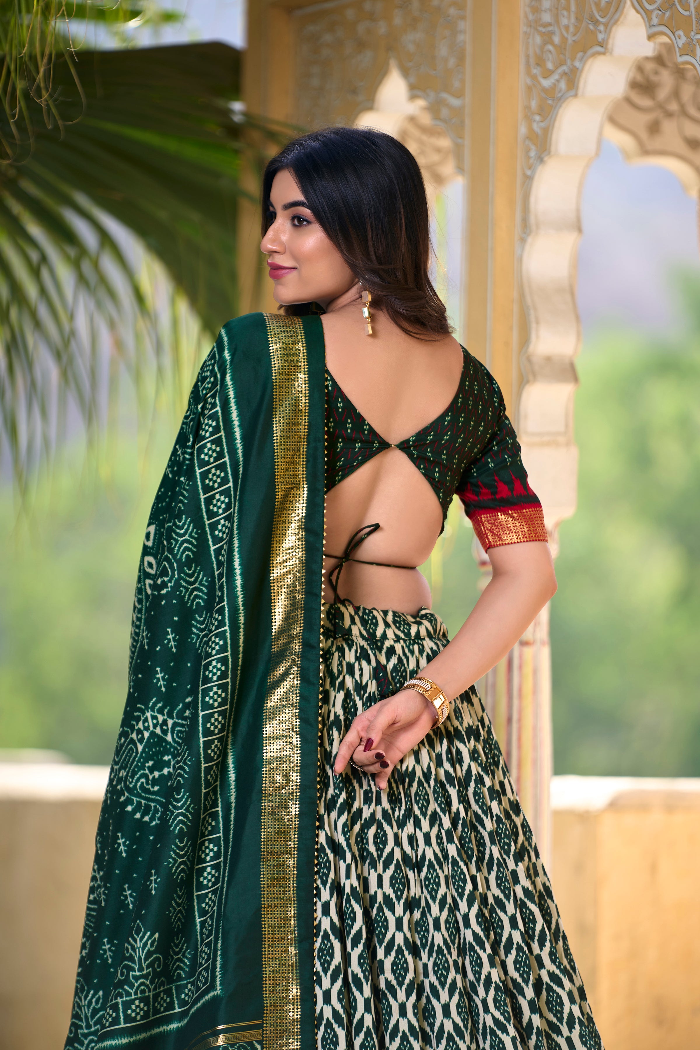 Green Tussar Silk Lehenga Choli with Ikkat Print With Foil Work