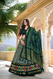 Green Tussar Silk Lehenga Choli with Ikkat Print With Foil Work