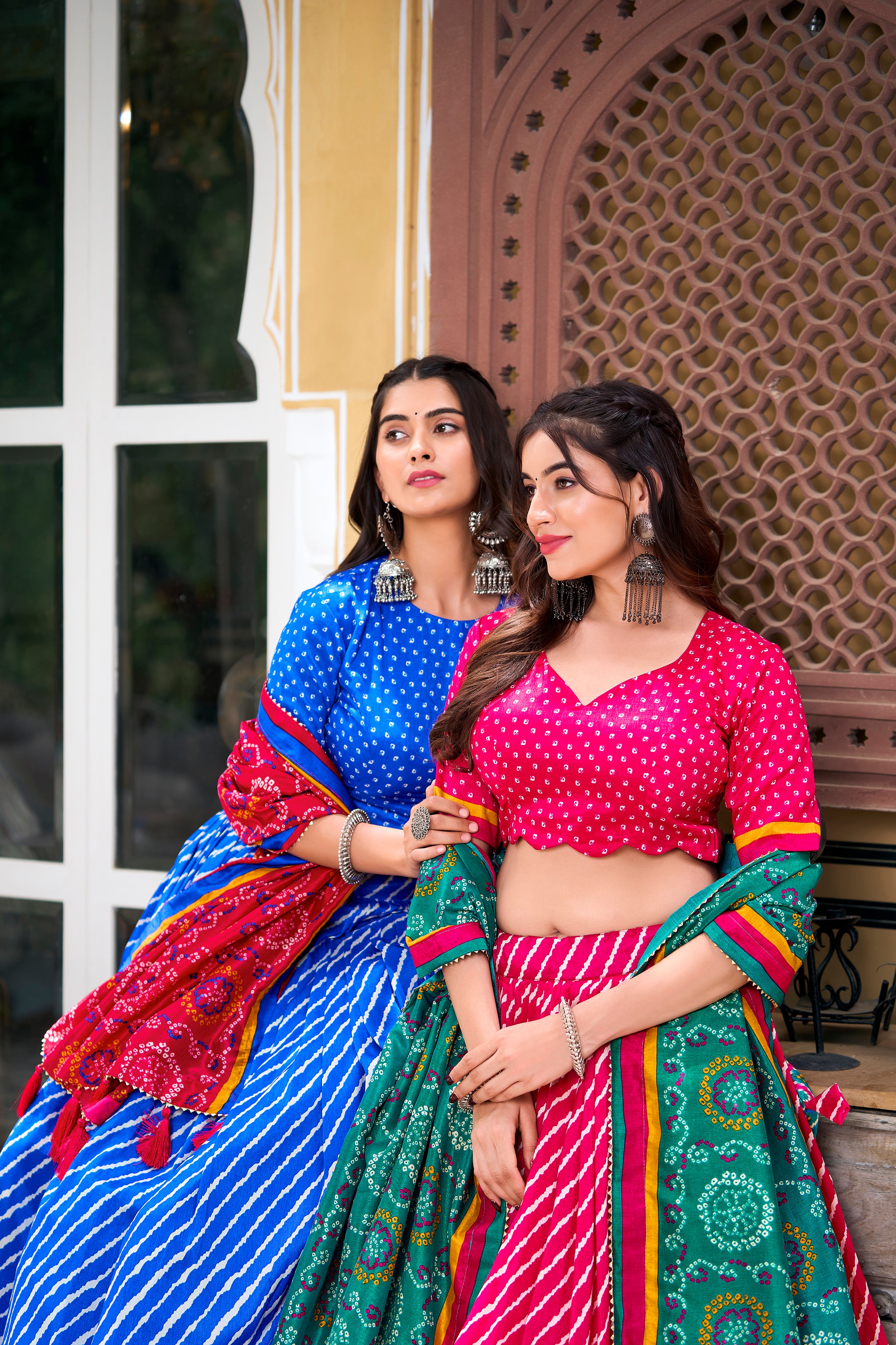 Pink Tussar Silk Lehenga Choli with Leheriya With Patola Print Border
