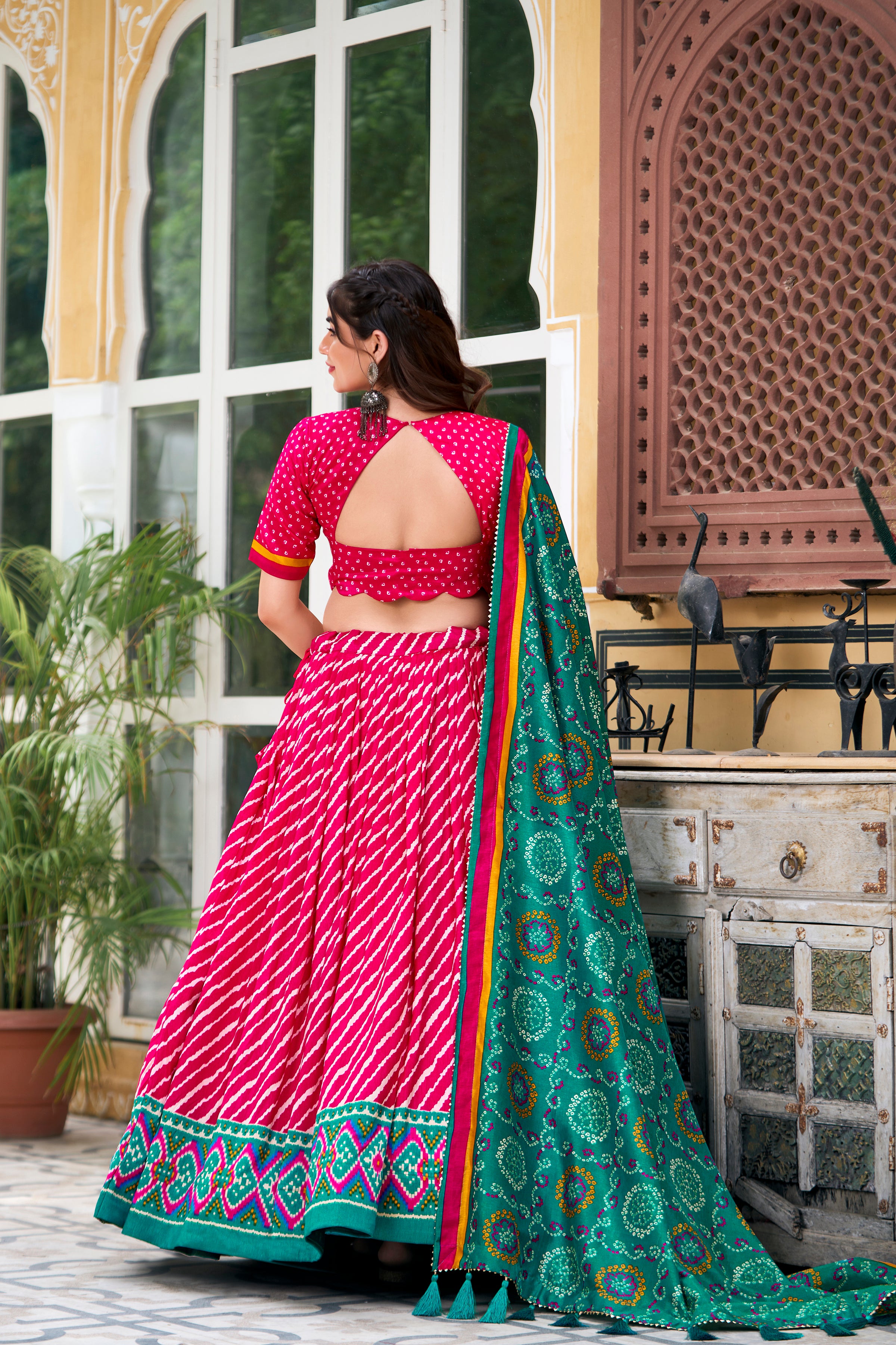 Pink Tussar Silk Lehenga Choli with Leheriya With Patola Print Border