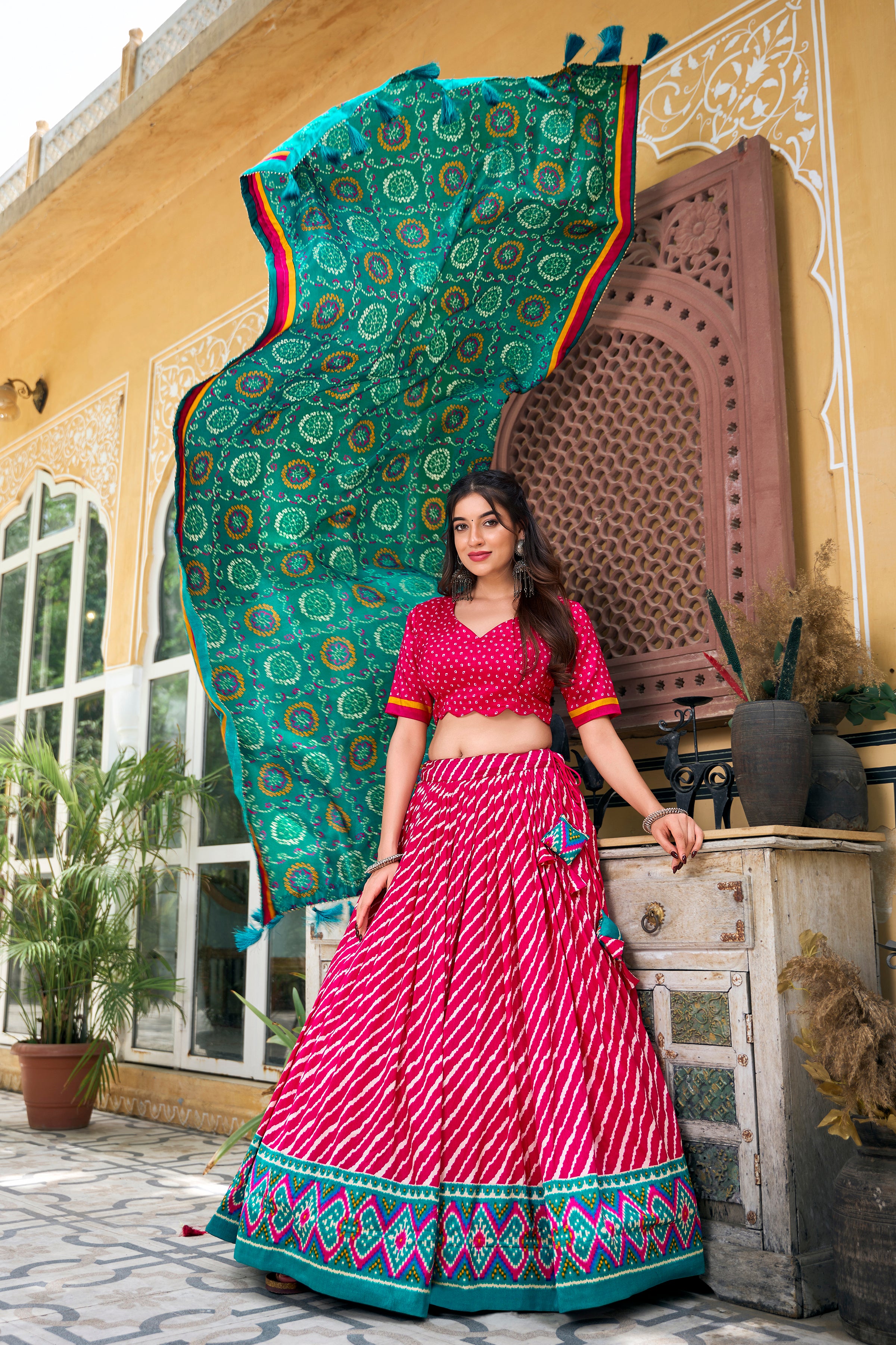 Pink Tussar Silk Lehenga Choli with Leheriya With Patola Print Border