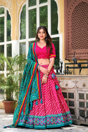 Pink Tussar Silk Lehenga Choli with Leheriya With Patola Print Border