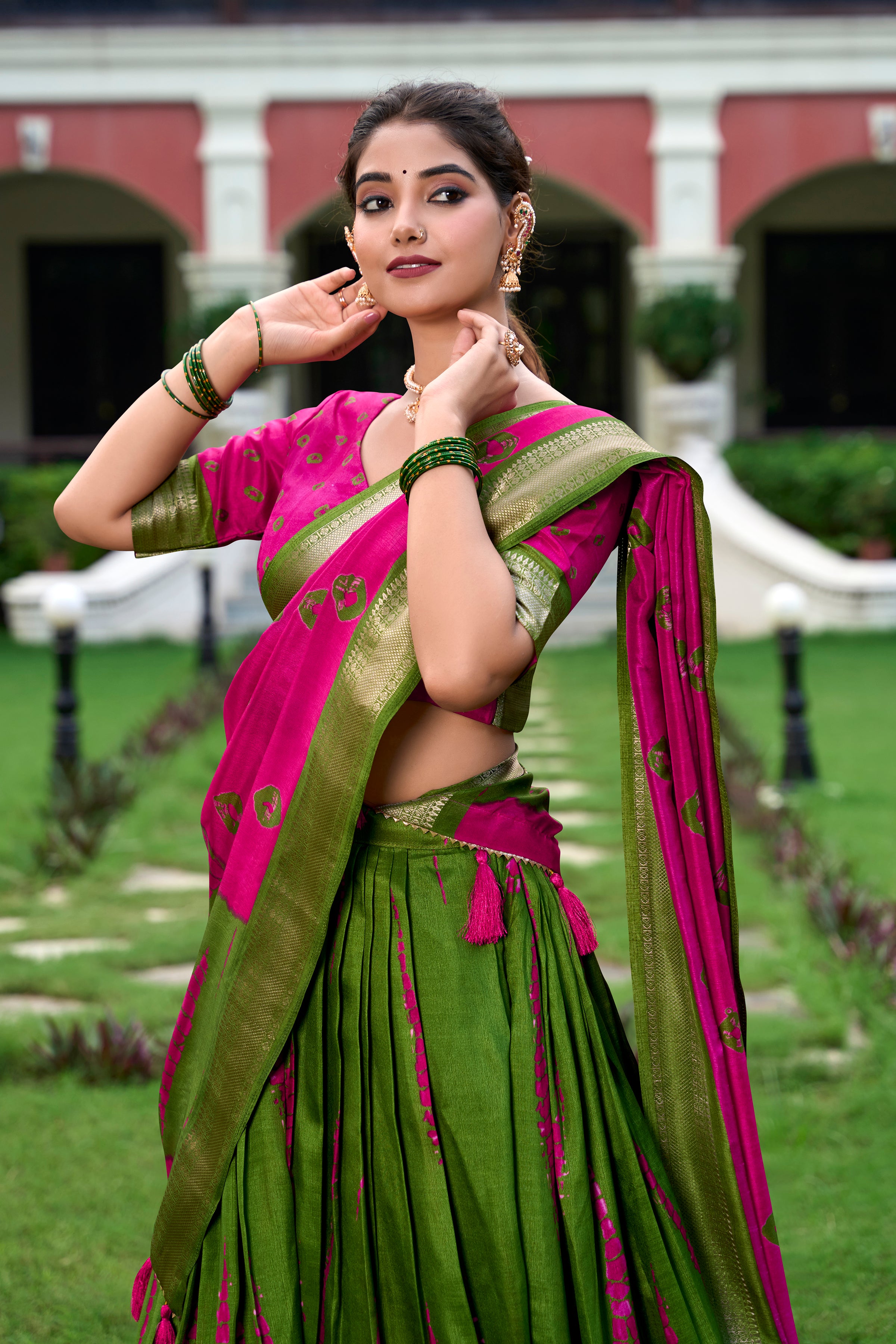 Pink Tussar Silk Lehenga Choli with Shibori Print With Zari Weaving Border