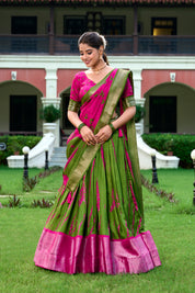 Pink Tussar Silk Lehenga Choli with Shibori Print With Zari Weaving Border