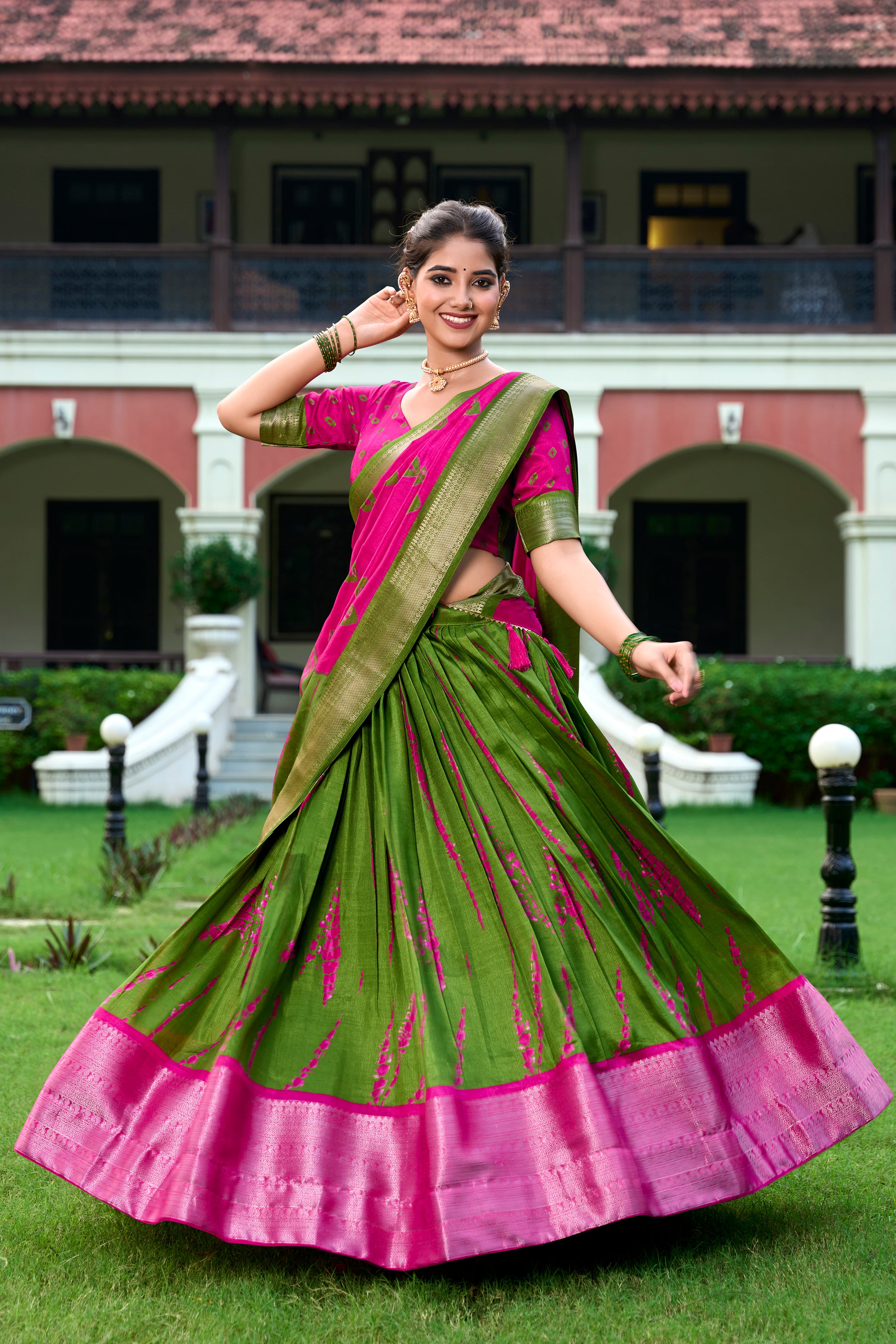 Pink Tussar Silk Lehenga Choli with Shibori Print With Zari Weaving Border
