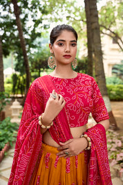 Muster Tussar Silk Lehenga Choli with Bandhej Print