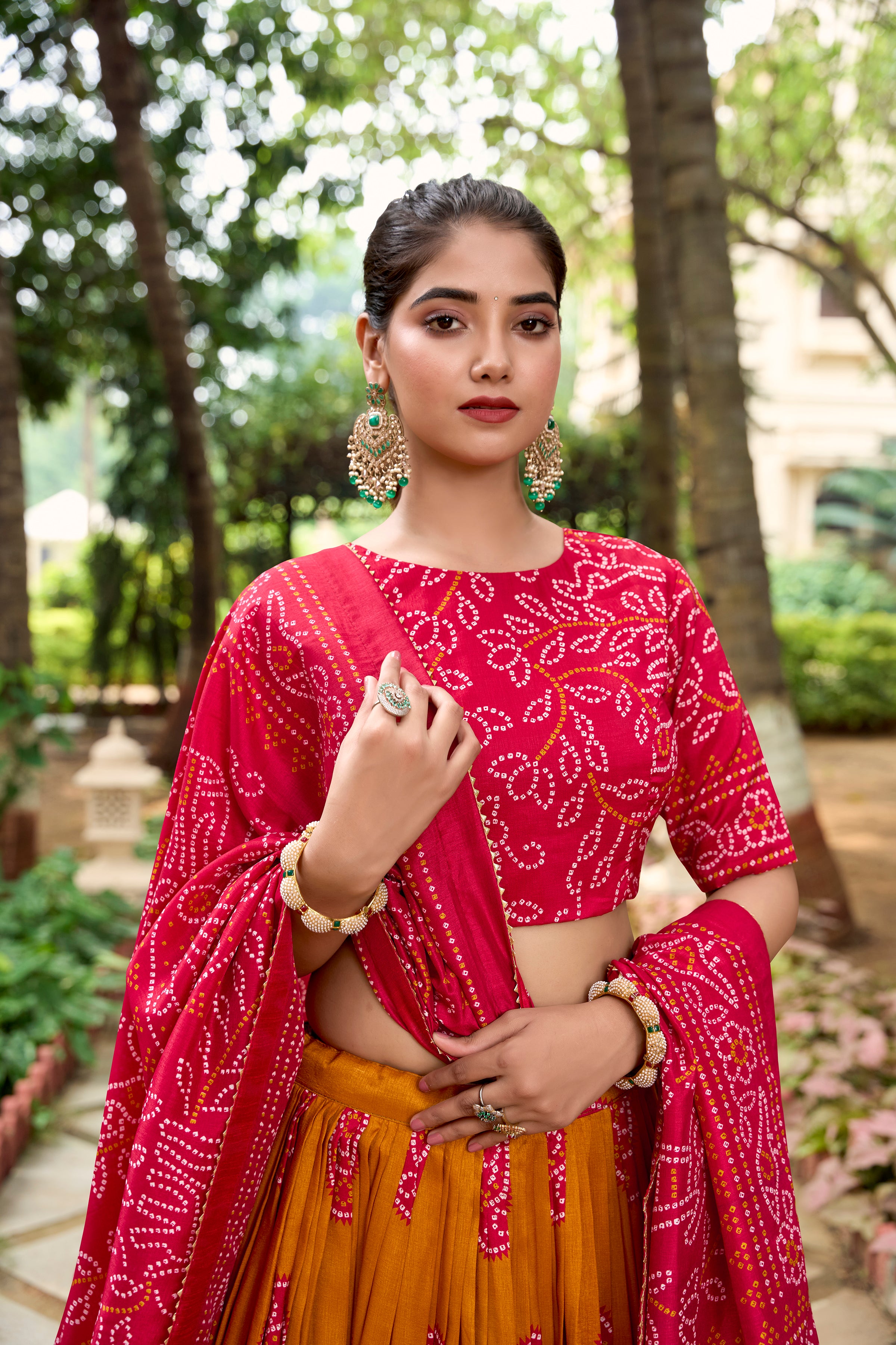 Muster Tussar Silk Lehenga Choli with Bandhej Print