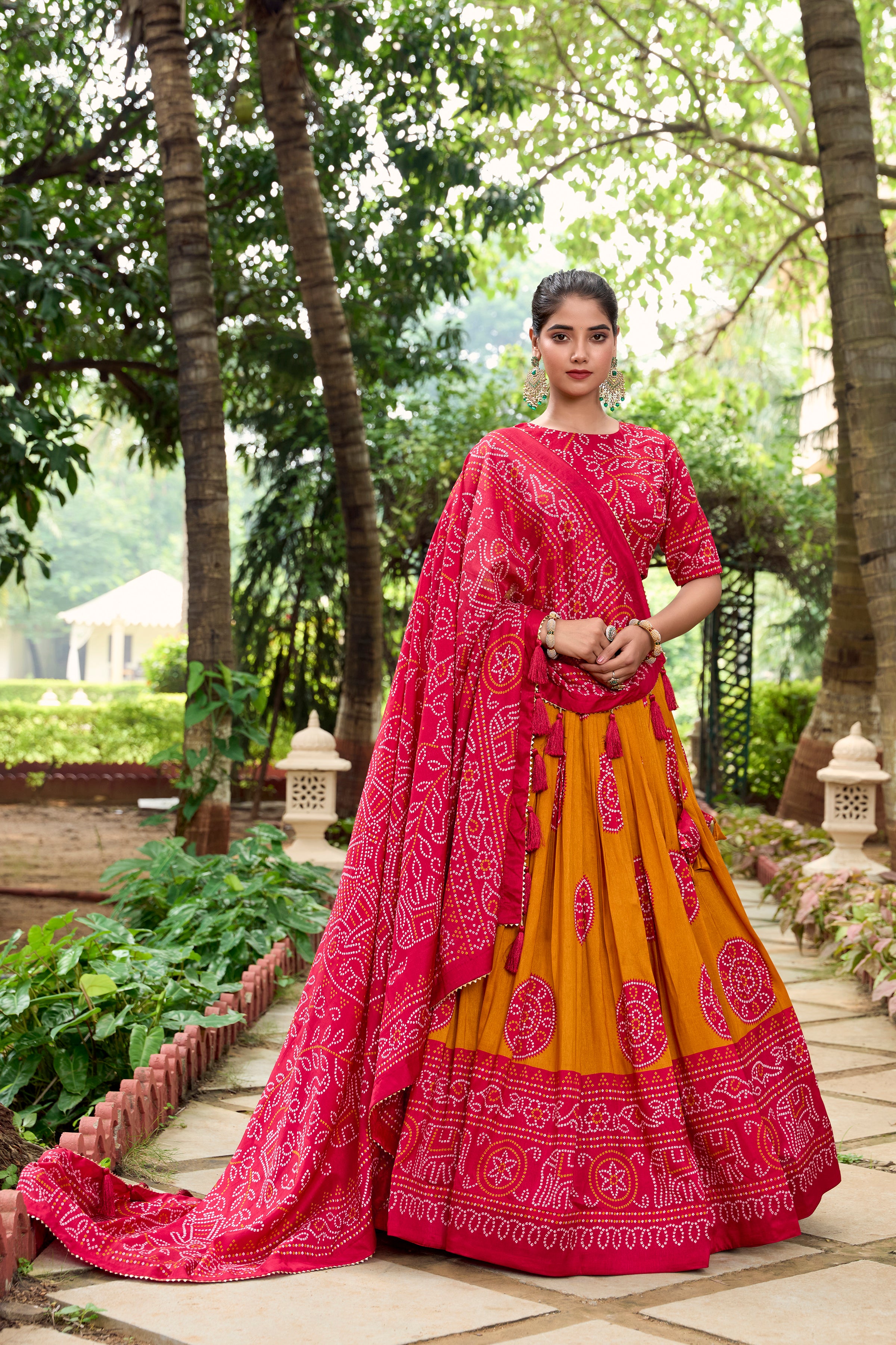 Muster Tussar Silk Lehenga Choli with Bandhej Print