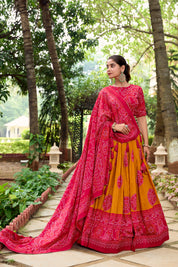 Muster Tussar Silk Lehenga Choli with Bandhej Print