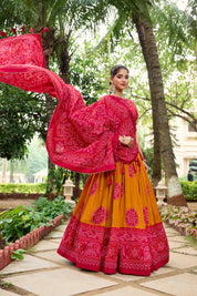 Muster Tussar Silk Lehenga Choli with Bandhej Print