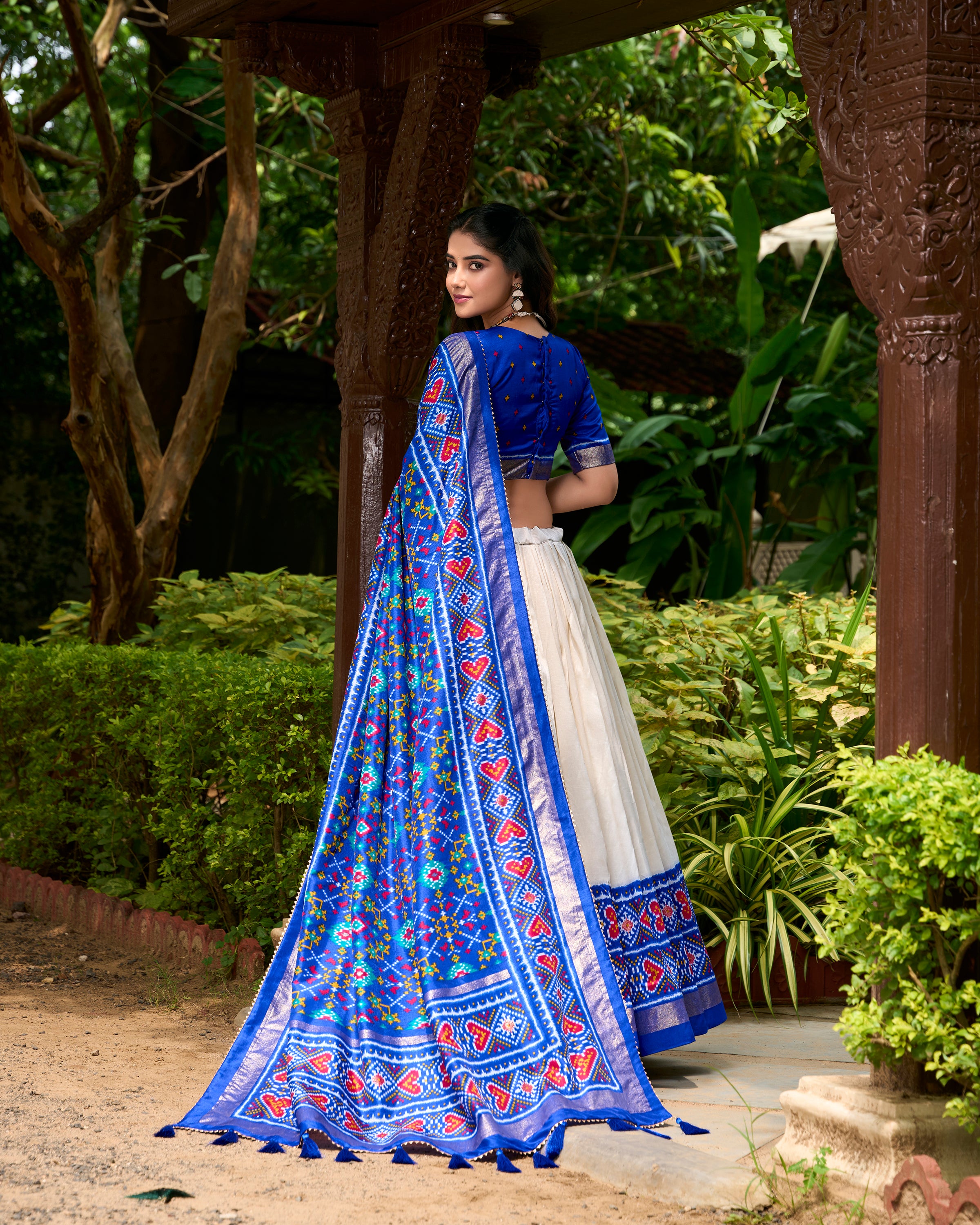Royal Blue Tussar Silk Lehenga Choli with Patola Print