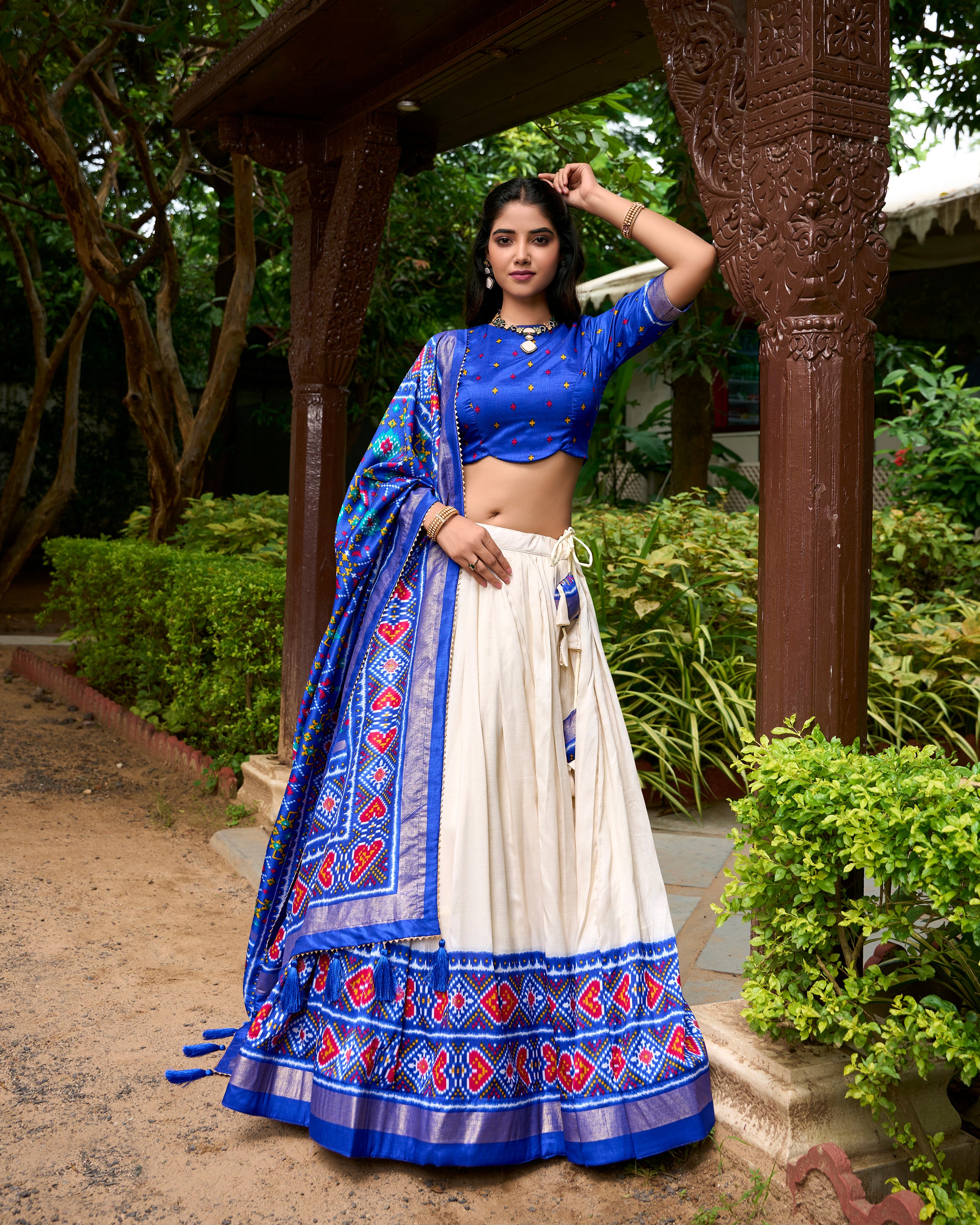 Royal Blue Tussar Silk Lehenga Choli with Patola Print