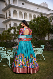 Firozi Tussar Silk Lehenga Choli with Printed (Kalamkari) With Zari Weaving Border
