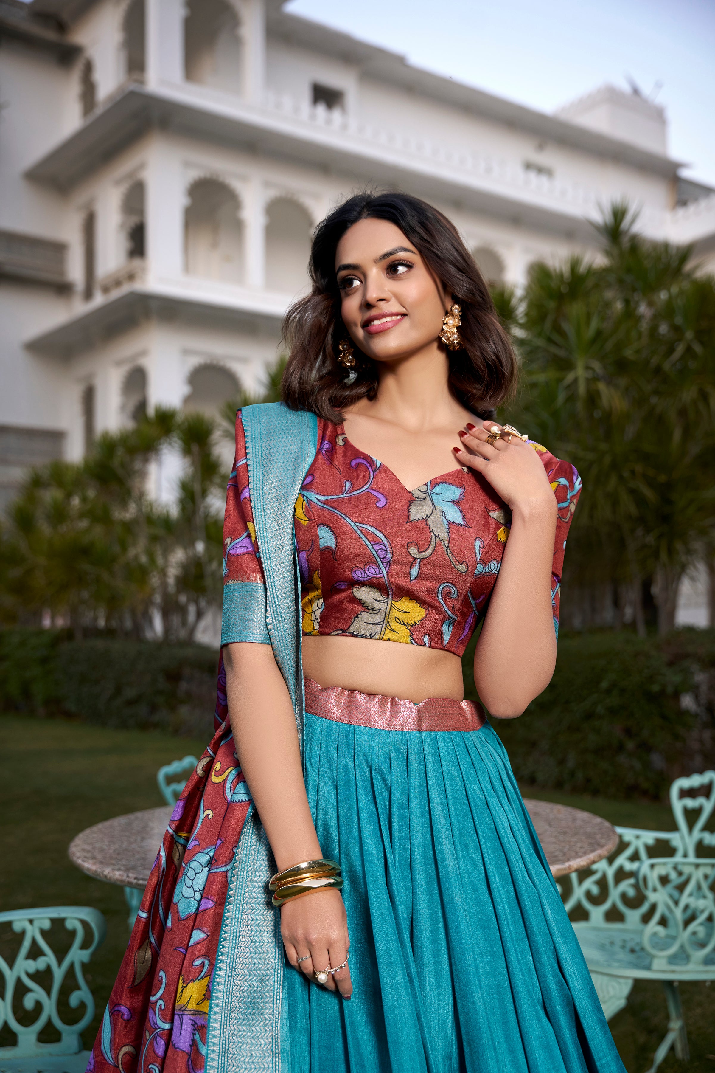 Firozi Tussar Silk Lehenga Choli with Printed (Kalamkari) With Zari Weaving Border