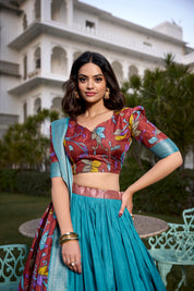 Firozi Tussar Silk Lehenga Choli with Printed (Kalamkari) With Zari Weaving Border