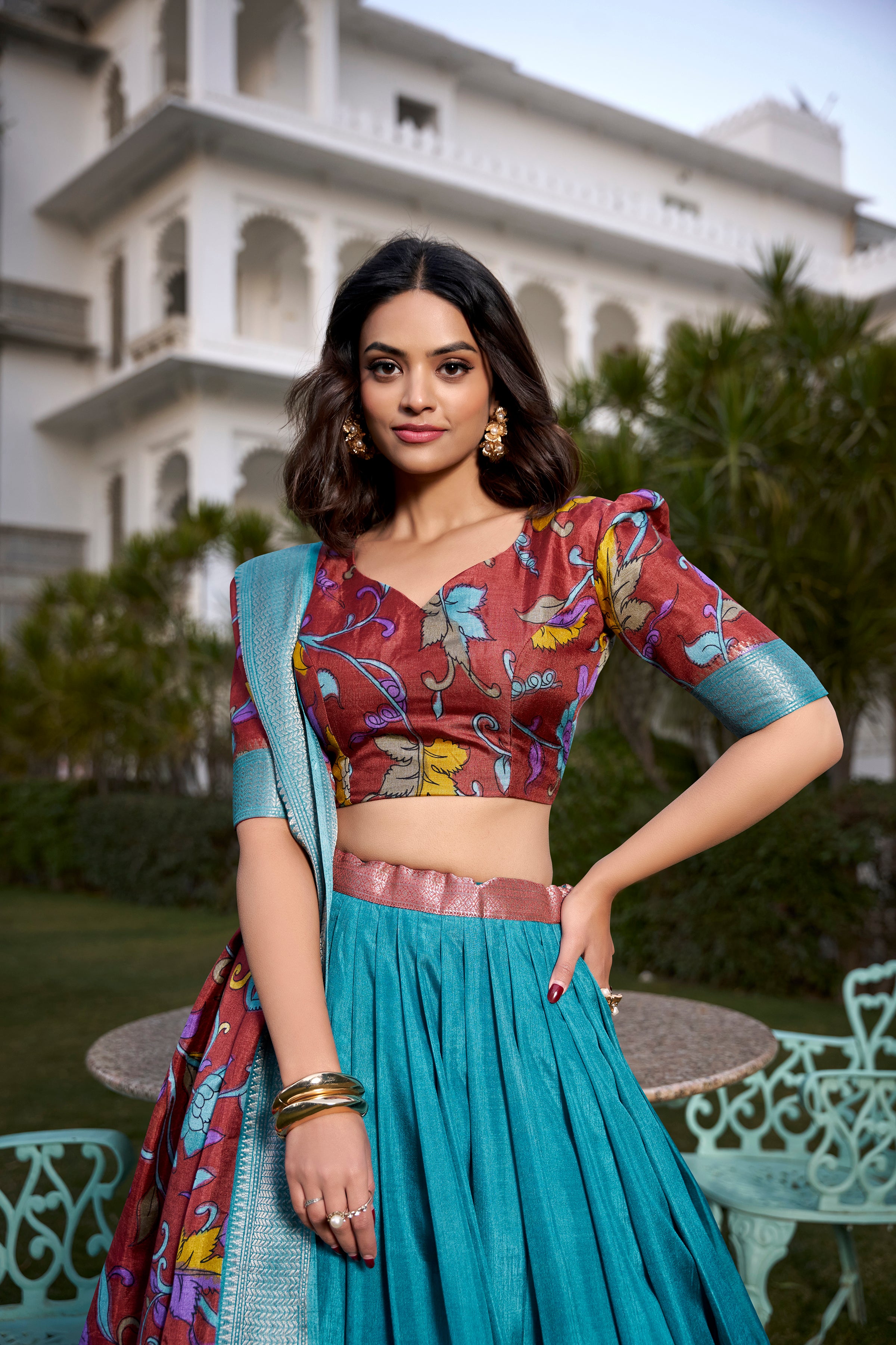 Firozi Tussar Silk Lehenga Choli with Printed (Kalamkari) With Zari Weaving Border