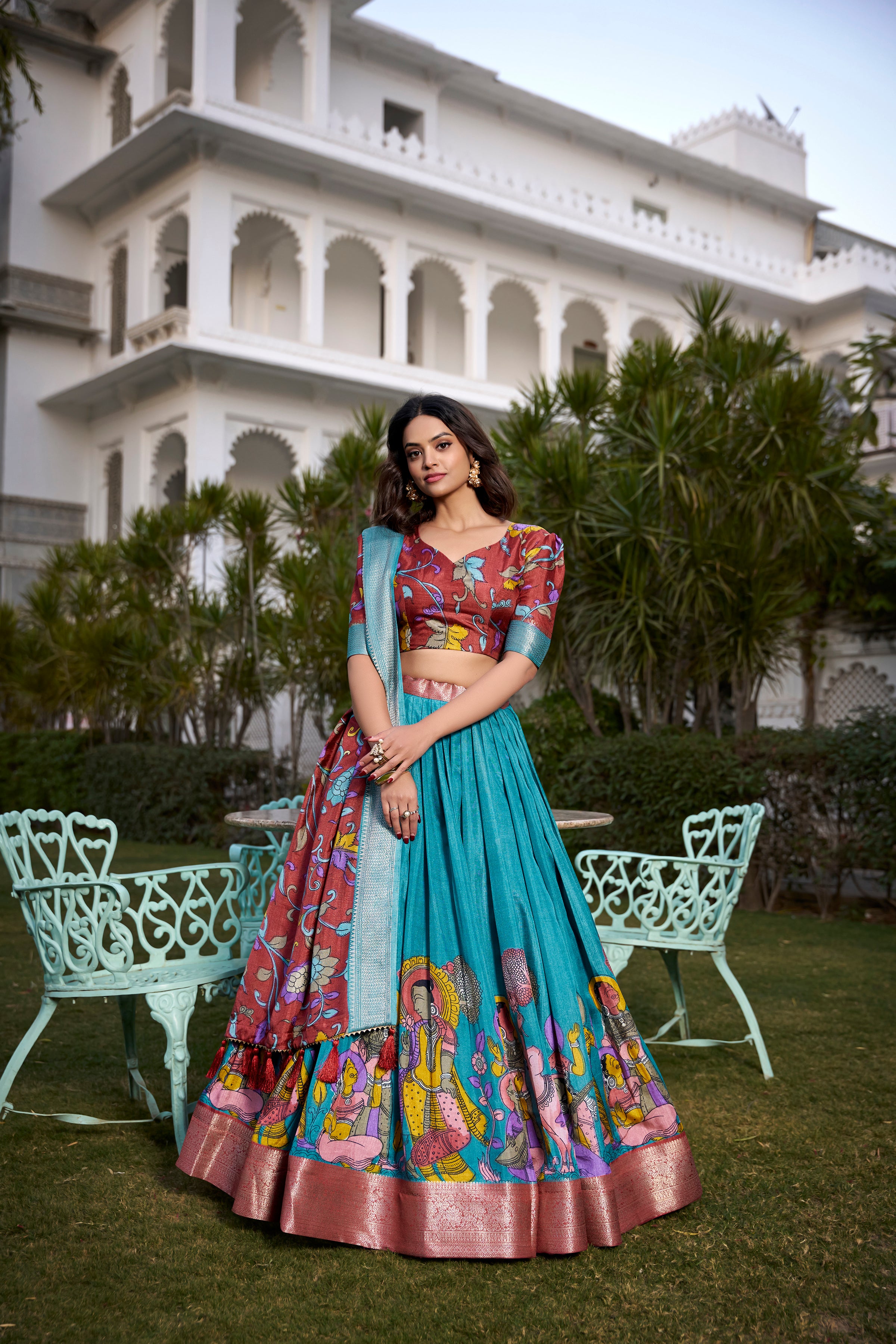 Firozi Tussar Silk Lehenga Choli with Printed (Kalamkari) With Zari Weaving Border