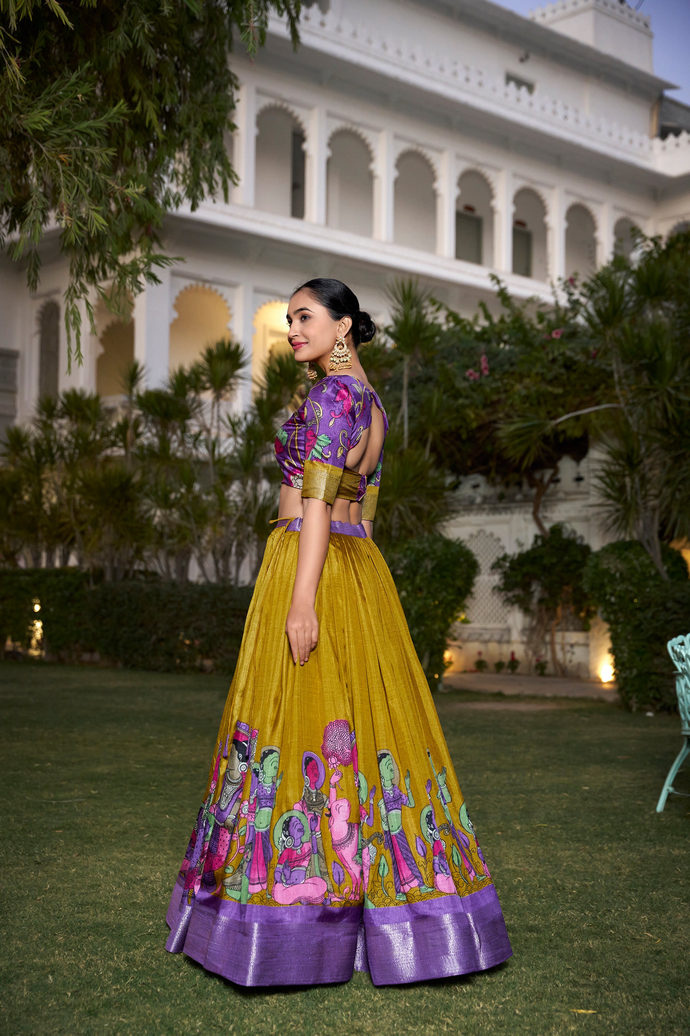 Muster Tussar Silk Lehenga Choli with Printed (Kalamkari) With Zari Weaving Border