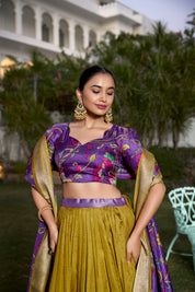 Muster Tussar Silk Lehenga Choli with Printed (Kalamkari) With Zari Weaving Border