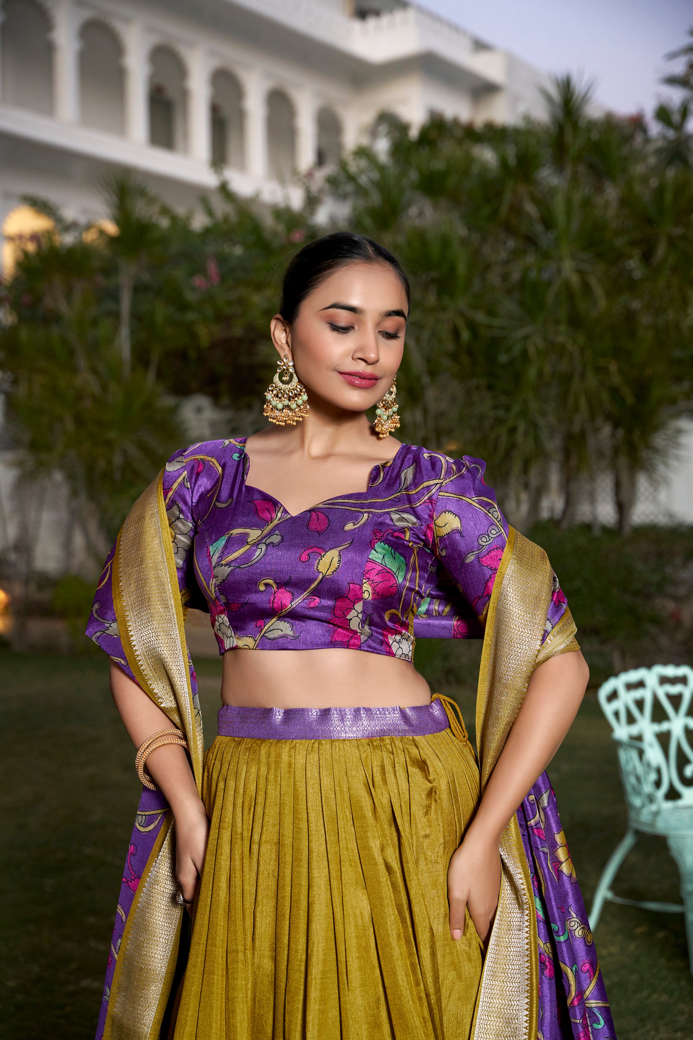 Muster Tussar Silk Lehenga Choli with Printed (Kalamkari) With Zari Weaving Border