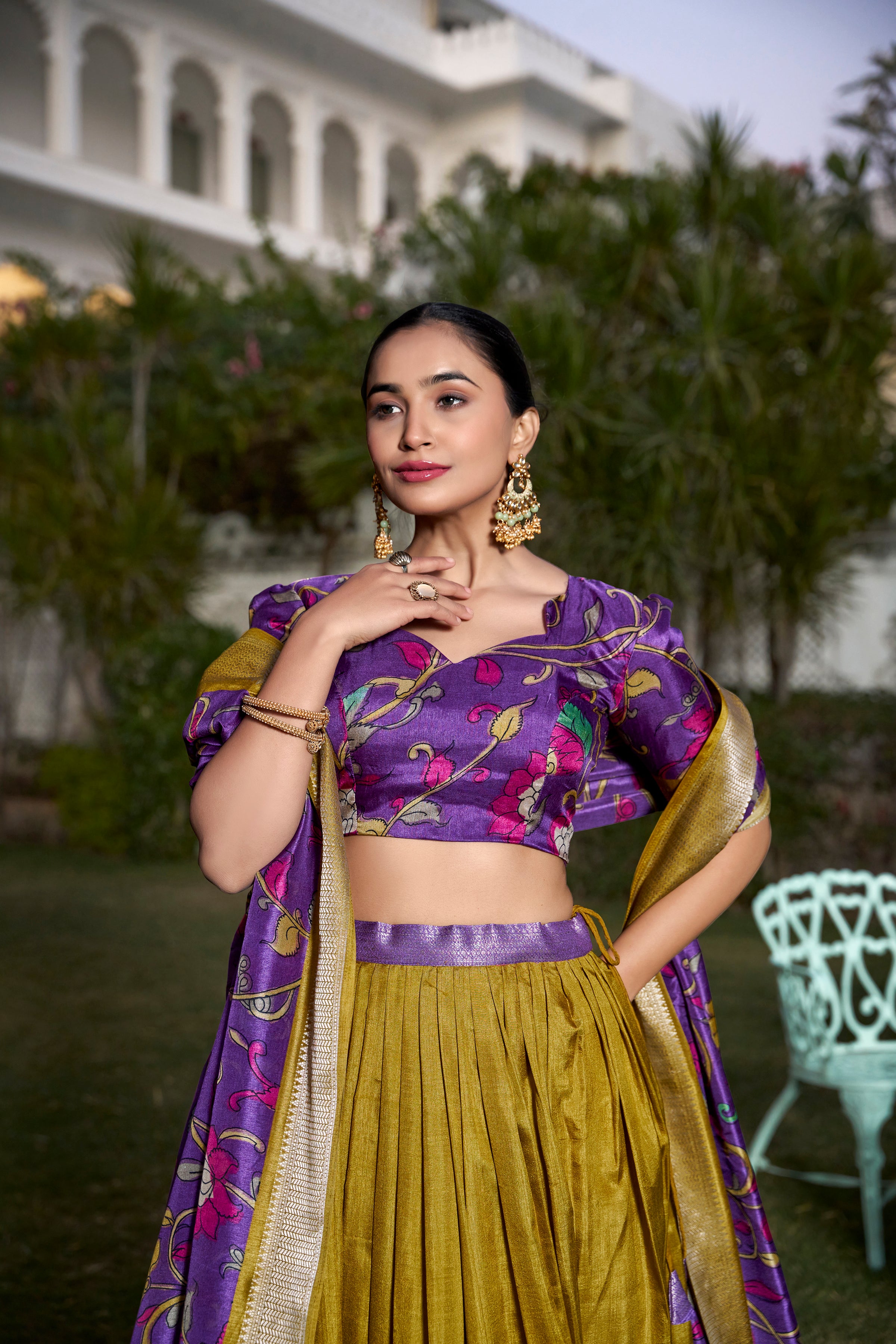 Muster Tussar Silk Lehenga Choli with Printed (Kalamkari) With Zari Weaving Border