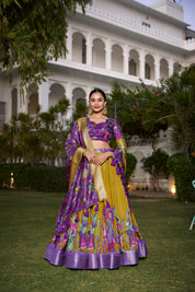 Muster Tussar Silk Lehenga Choli with Printed (Kalamkari) With Zari Weaving Border
