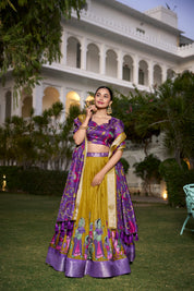 Muster Tussar Silk Lehenga Choli with Printed (Kalamkari) With Zari Weaving Border