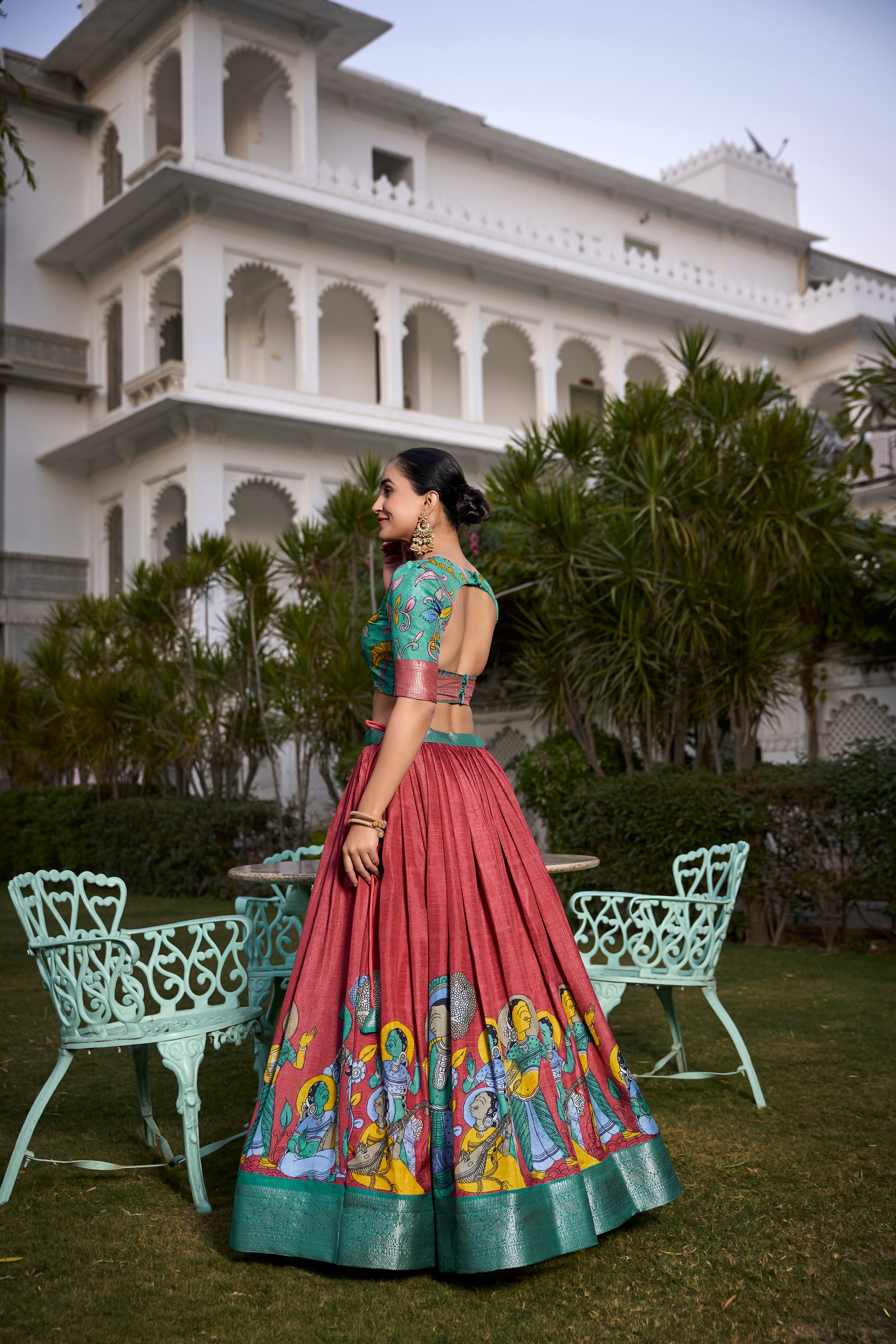 Maroon Tussar Silk Lehenga Choli with Printed (Kalamkari) With Zari Weaving Border
