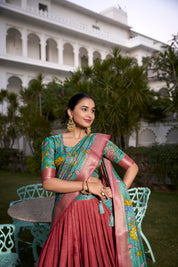 Maroon Tussar Silk Lehenga Choli with Printed (Kalamkari) With Zari Weaving Border