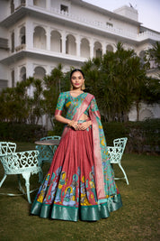 Maroon Tussar Silk Lehenga Choli with Printed (Kalamkari) With Zari Weaving Border