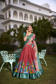 Maroon Tussar Silk Lehenga Choli with Printed (Kalamkari) With Zari Weaving Border