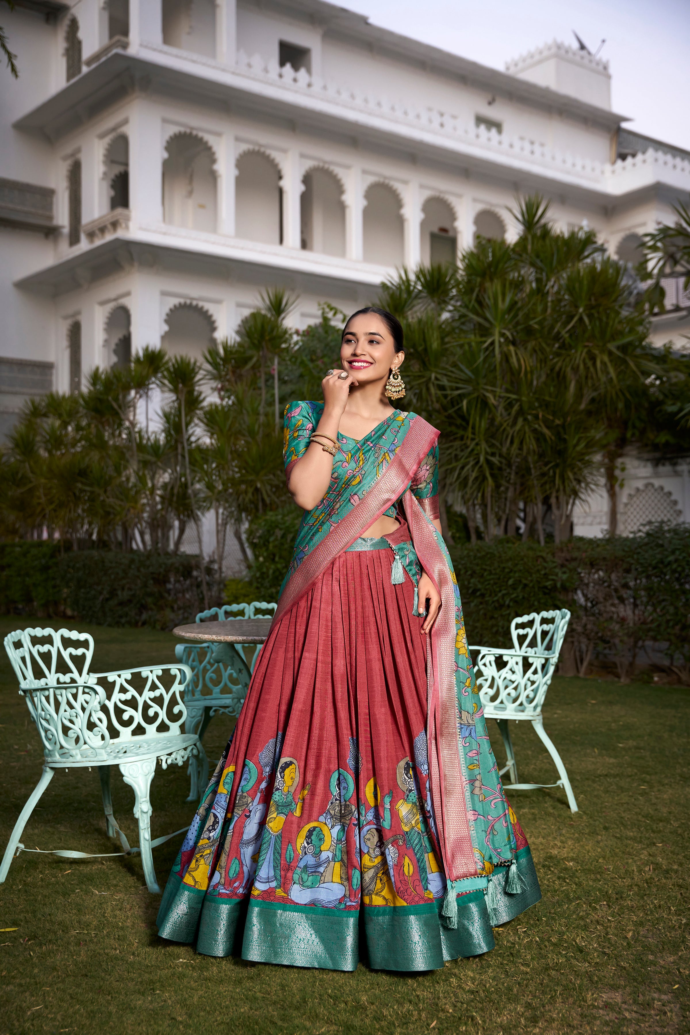 Maroon Tussar Silk Lehenga Choli with Printed (Kalamkari) With Zari Weaving Border