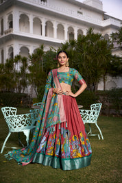 Maroon Tussar Silk Lehenga Choli with Printed (Kalamkari) With Zari Weaving Border