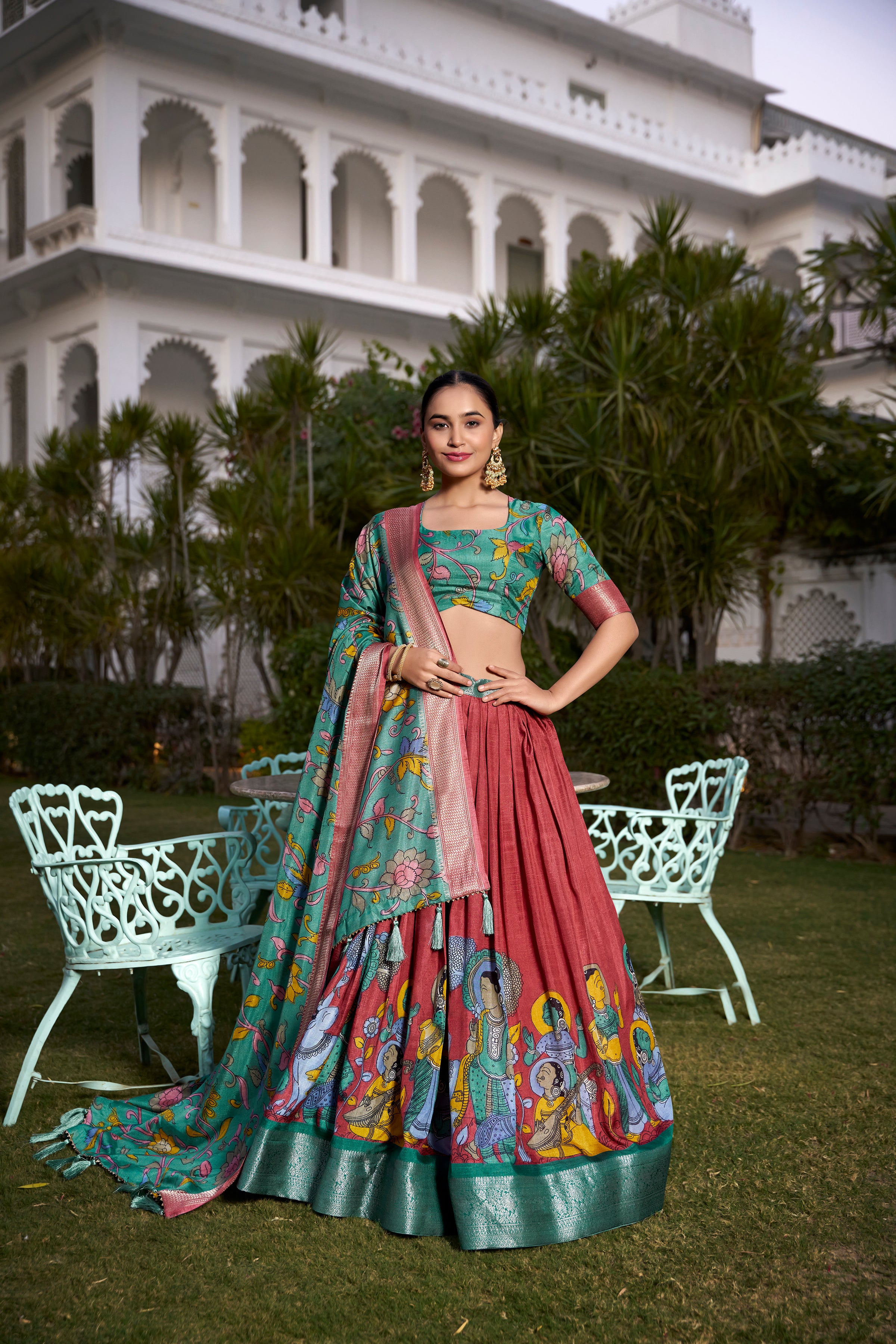 Maroon Tussar Silk Lehenga Choli with Printed (Kalamkari) With Zari Weaving Border