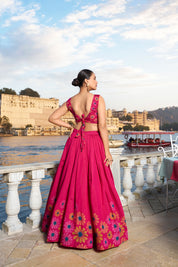 Pink Tussar Silk Lehenga Choli with Floral Print With Foil Work