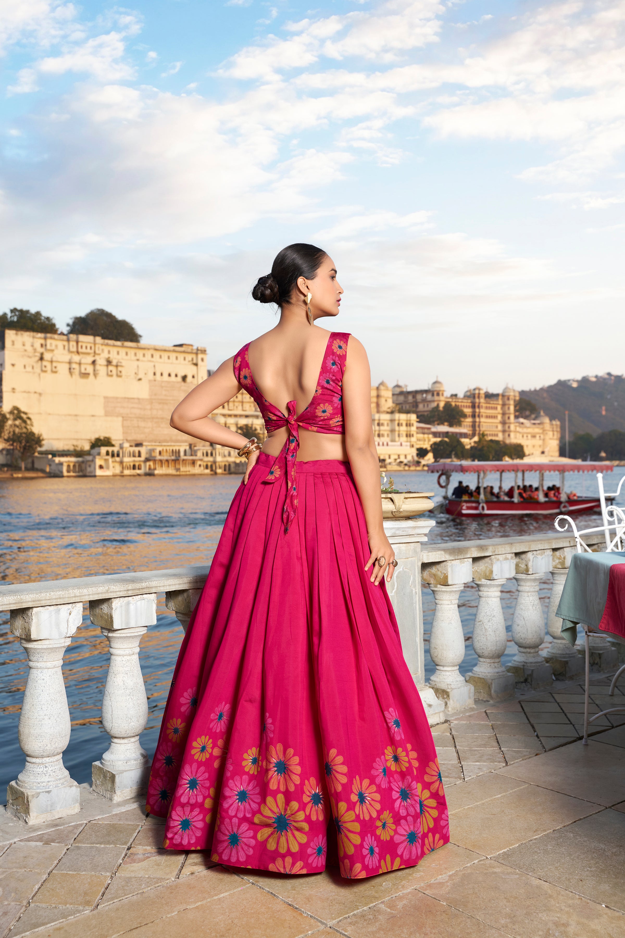 Pink Tussar Silk Lehenga Choli with Floral Print With Foil Work