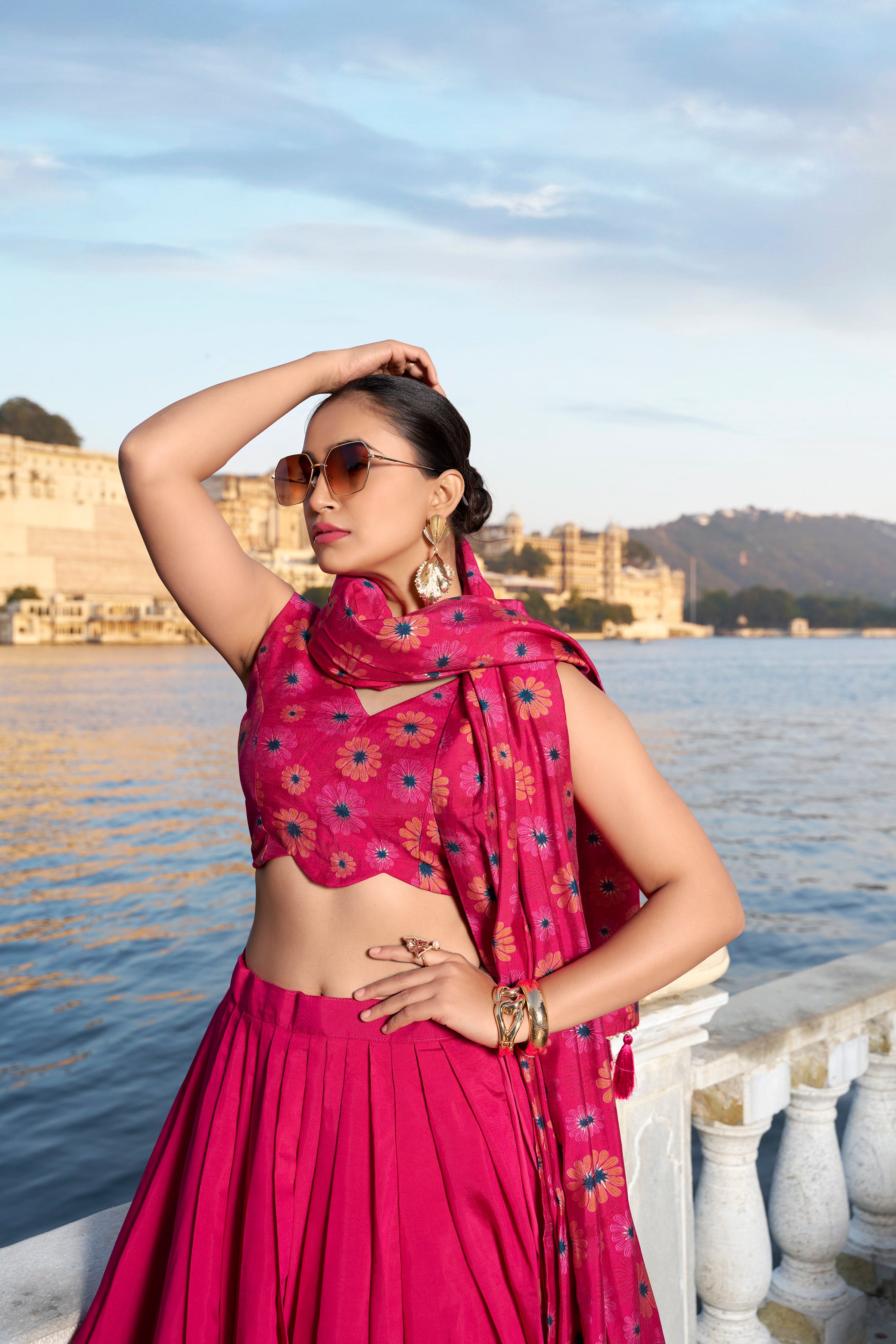 Pink Tussar Silk Lehenga Choli with Floral Print With Foil Work